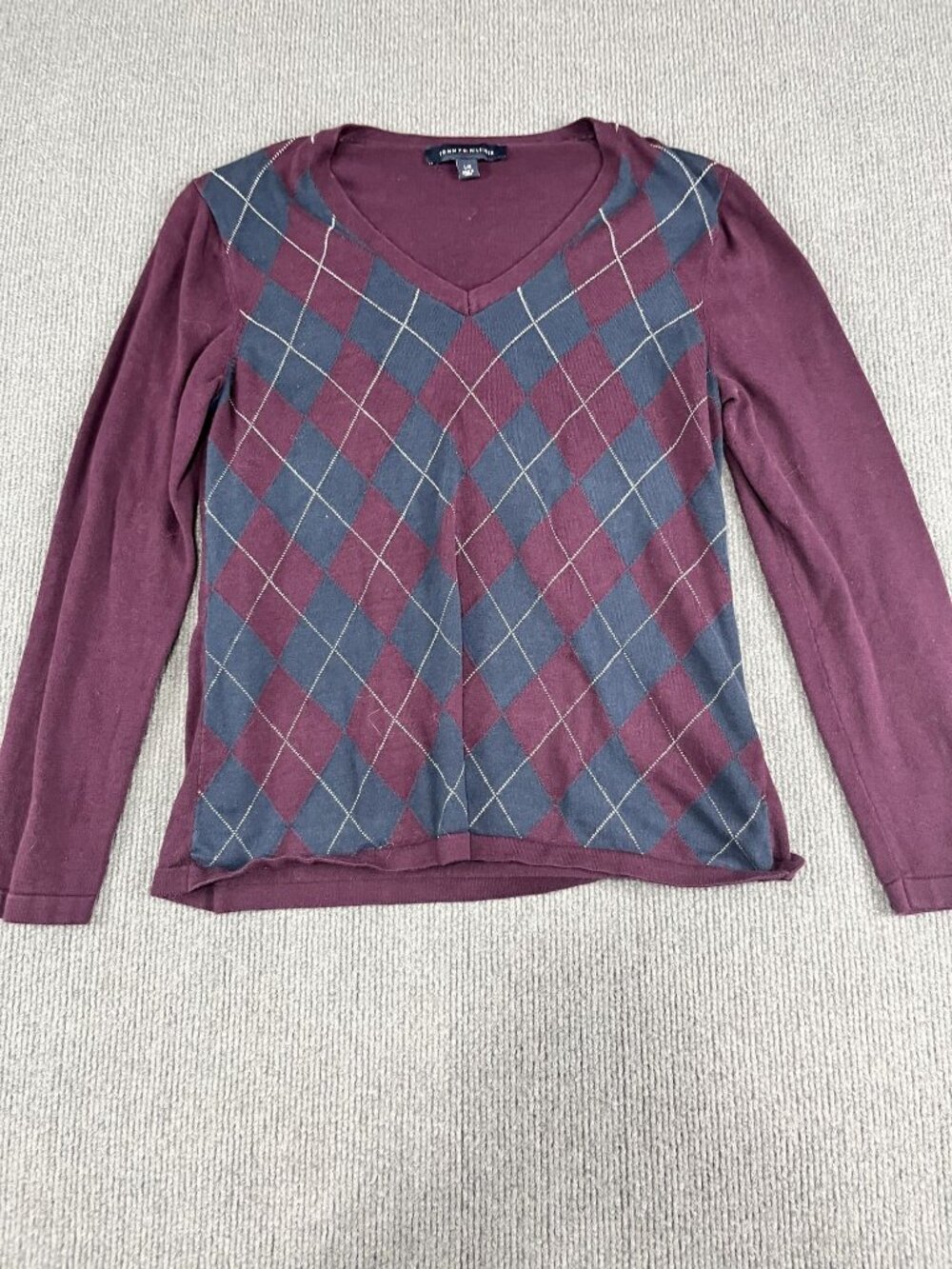 Tommy Hilfiger Womens Argyle Long Sleeve V-Neck Sweater Burgundy & Navy Large